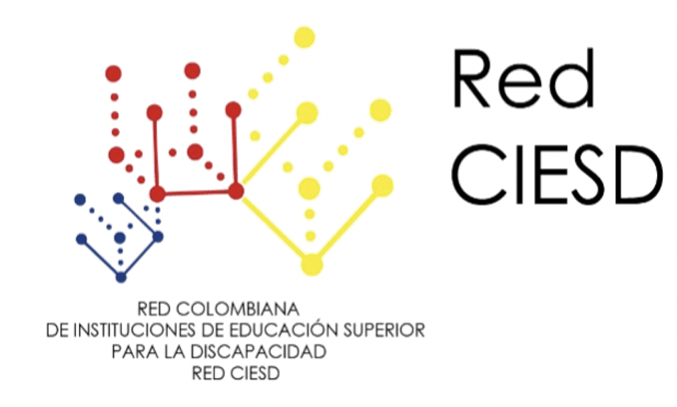 Logo Red CIESD. Tres cubos sin la tapa de arriba interseccionan en una de sus puntas, las líneas que conforman las formas incompletas de cubo son punteadas en cada punta de los cubos los puntos son más grandes. Uno es de color rojo, otro amarillo y otro azul. 